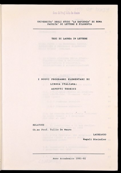 I nuovi programmi elementari di lingua italiana : aspetti teorici : tesi di laurea in Lettere / Magali Steindler ; relatore: Tullio De Mauro