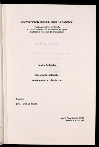 Tassonomie zoologiche : confronto con un dialetto rom / Romina Pellecchia ; relatore: Tullio De Mauro