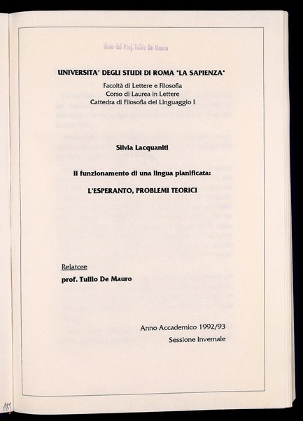 Il funzionamento di una lingua pianificata : l'esperanto, problemi teorici / Silvia Lacquaniti ; relatore: Tullio De Mauro