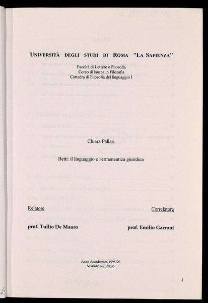 Betti : il linguaggio e l'ermeneutica giuridica / Chiara Pallari ; relatore: Tullio De Mauro ; correlatore: Emilio Garroni