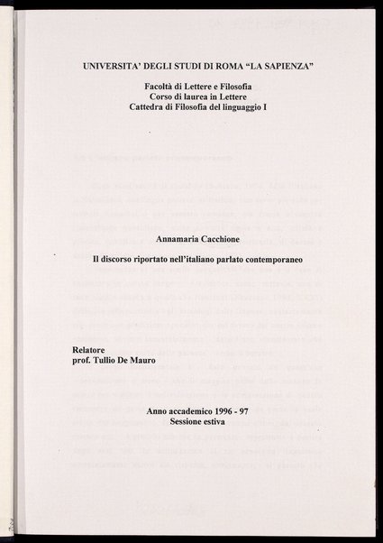 Il discorso riportato nell'italiano parlato contemporaneo / Annamaria Cacchione ; relatore: Tullio De Mauro