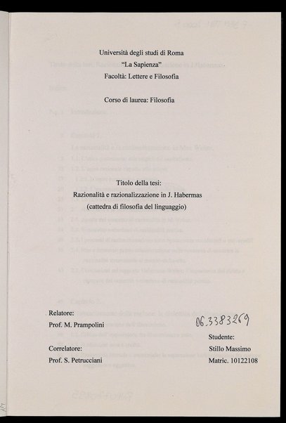 Razionalità e razionalizzazione in J. Habermas / Stillo Massimo ; relatore: M. Prampolini ; correlatore: S. Petrucciani