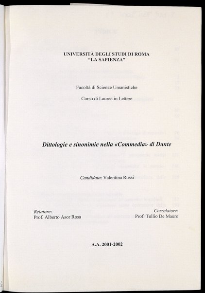 Dittologie e sinonimie nella Commedia di Dante / Valentina Russi ; relatore: Alberto Asor Rosa ; correlatore: Tullio De Mauro