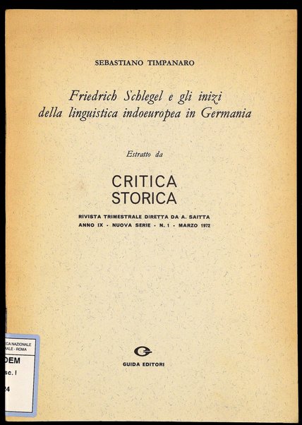 Friedrich Schlegel e gli inizi della linguistica indeuropea in Germania / Sebastiano Timpanaro