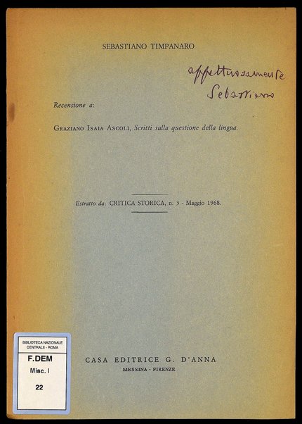 Graziadio Isaia Ascoli, Scritti sulla questione della lingua : [recensione a] / Sebastiano Timpanaro