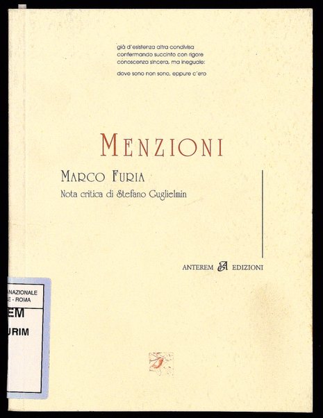 Menzioni / Marco Furia ; nota critica di Stefano Guglielmin ; acquaforte di Francesco Franco