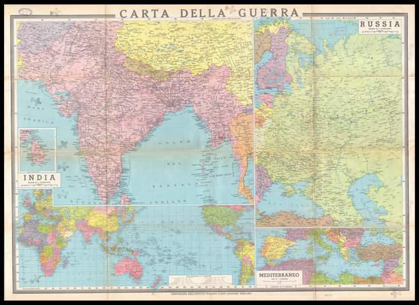 Carta della guerra : carta politica dimostrativa a otto colori : Russia, India, Mediterraneo, Planisfero / Giovanni Or. Dossena capo cartografo dir