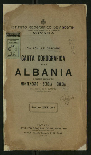 Carta corografica dell'Albania e regioni contermini : Montenegro, Serbia, Grecia