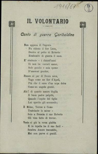 Il volontario : canto di guerra garibaldino / [Francesco Candiani]