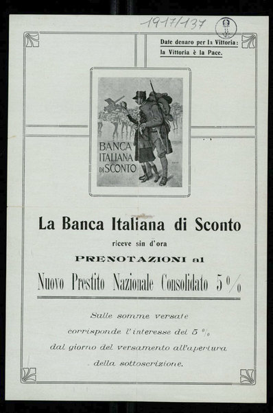 La Banca Italiana di Sconto riceve sin d'ora prenotazioni al nuovo Prestito Nazionale consolidato 5%