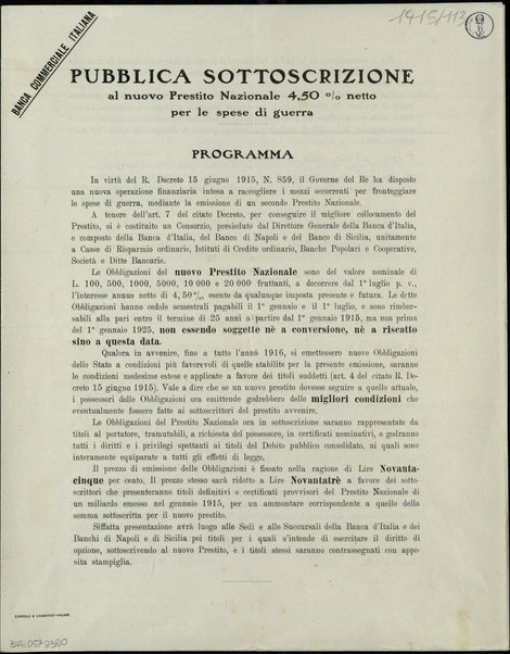 Pubblica sottoscrizione al nuovo Prestito Nazionale 4,50% netto per le spese di guerra : programma / Banca Commerciale Italiana