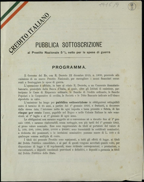 Pubblica sottoscrizione al Prestito Nazionale 5% netto per le spese di guerra / Credito Italiano