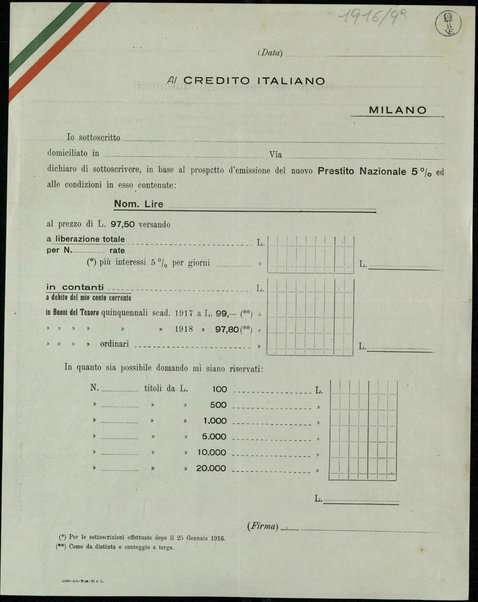 Pubblica sottoscrizione al Prestito Nazionale 5% netto per le spese di guerra / Credito Italiano