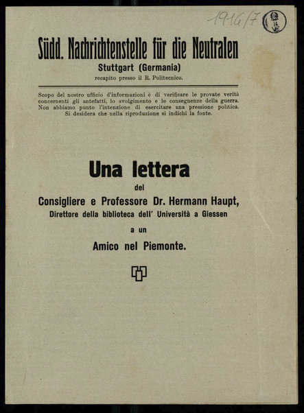 Una lettera del consigliere e professore dr. Hermann Haupt, direttore della biblioteca dell'Università a Giessen a un amico nel Piemonte