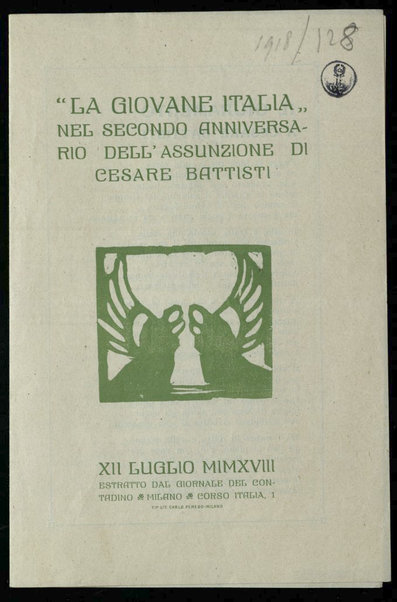 La Giovane Italia nel secondo anniversrio dell'assunzione di Cesare Battisti