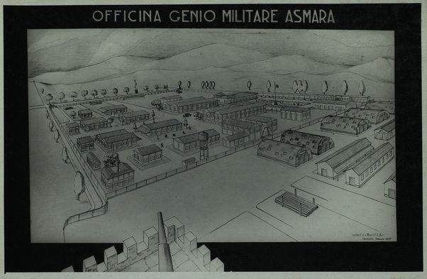 Officina genio militare Asmara — Prospettiva [progetto] (in basso a ds., sull'immagine, si legge: Sardelli G. - Mancini O. - Asmara febbraio XVIII°)