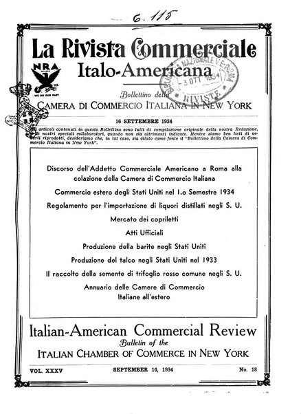 Rivista commerciale italo-americana bollettino settimanale della Camera di commercio italiana in New York