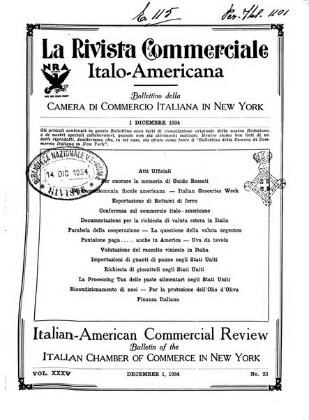 Rivista commerciale italo-americana bollettino settimanale della Camera di commercio italiana in New York