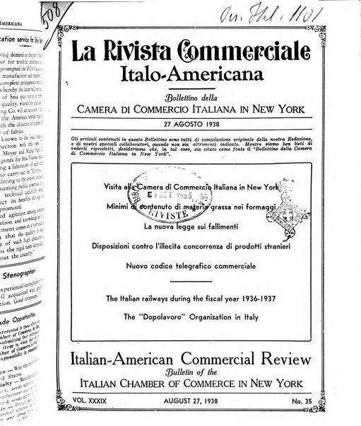 Rivista commerciale italo-americana bollettino settimanale della Camera di commercio italiana in New York