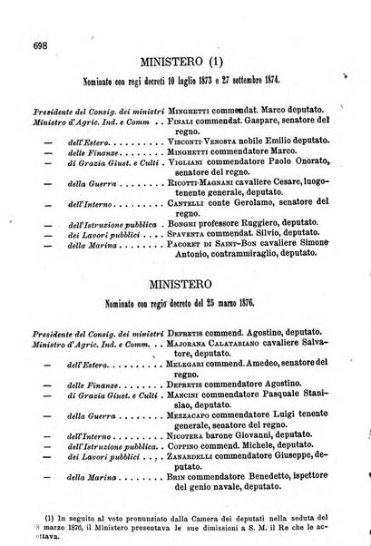 Manuale ad uso dei senatori del Regno e dei deputati contenente lo Statuto e i plebisciti, la legge elettorale, i regolamenti delle due Camere, le principali leggi organiche dllo Stato, gli elenchi dei senatori del Regno, dei deputati e dei ministeri succedutisi durante la ... legislazione