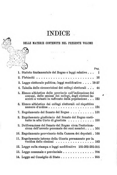 Manuale ad uso dei senatori del Regno e dei deputati contenente lo Statuto e i plebisciti, la legge elettorale, i regolamenti delle due Camere, le principali leggi organiche dllo Stato, gli elenchi dei senatori del Regno, dei deputati e dei ministeri succedutisi durante la ... legislazione