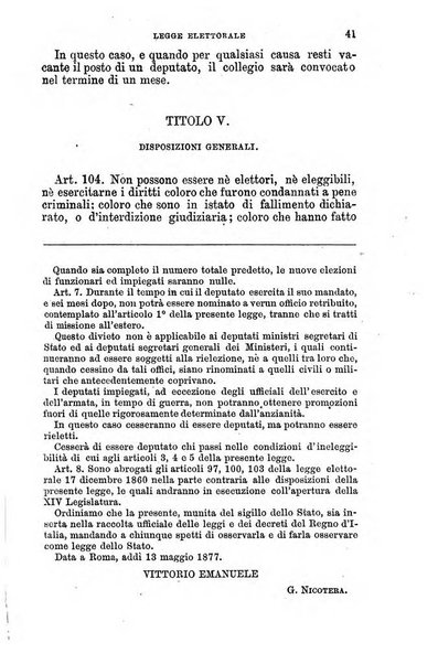 Manuale ad uso dei senatori del Regno e dei deputati contenente lo Statuto e i plebisciti, la legge elettorale, i regolamenti delle due Camere, le principali leggi organiche dllo Stato, gli elenchi dei senatori del Regno, dei deputati e dei ministeri succedutisi durante la ... legislazione