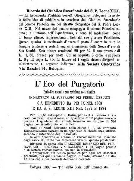 L'eco del Purgatorio pubblicazione mensuale indirizzata al suffragio de' fedeli defunti