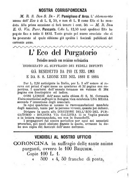 L'eco del Purgatorio pubblicazione mensuale indirizzata al suffragio de' fedeli defunti