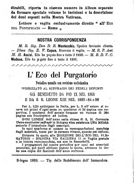 L'eco del Purgatorio pubblicazione mensuale indirizzata al suffragio de' fedeli defunti