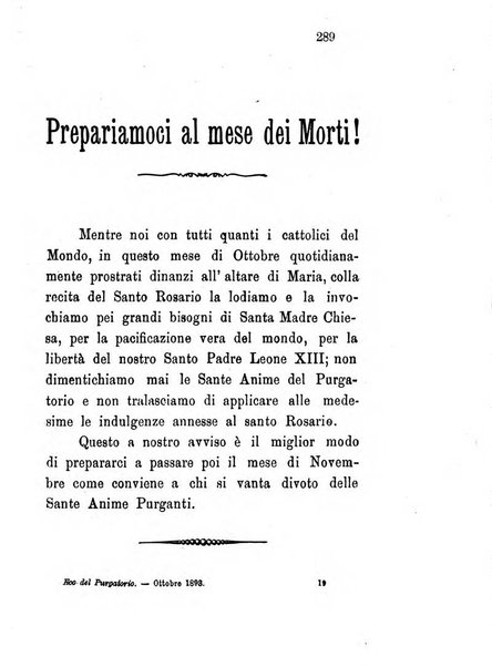 L'eco del Purgatorio pubblicazione mensuale indirizzata al suffragio de' fedeli defunti