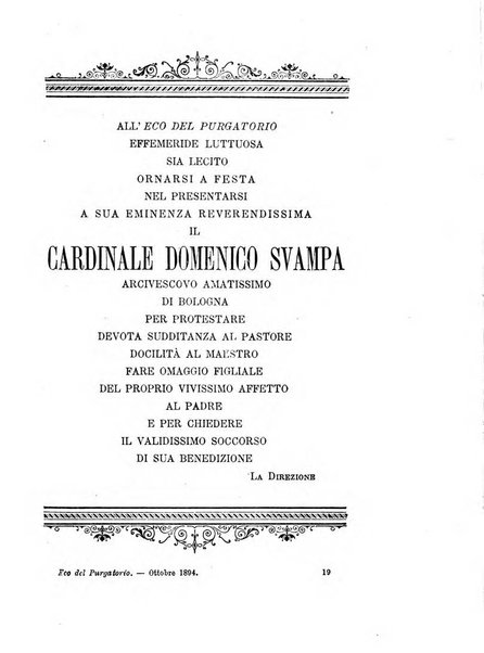 L'eco del Purgatorio pubblicazione mensuale indirizzata al suffragio de' fedeli defunti