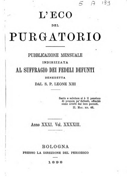 L'eco del Purgatorio pubblicazione mensuale indirizzata al suffragio de' fedeli defunti