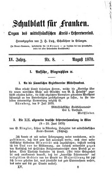 Schulblatt fur Franken Organ des Mittelfrankischen Kreis - Lehrervereins. Hgg. von J. H. Lutz