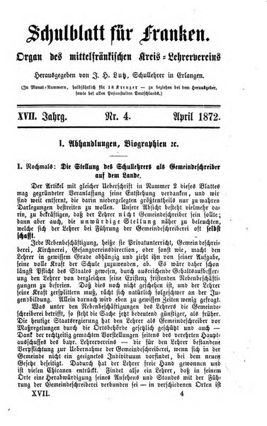 Schulblatt fur Franken Organ des Mittelfrankischen Kreis - Lehrervereins. Hgg. von J. H. Lutz