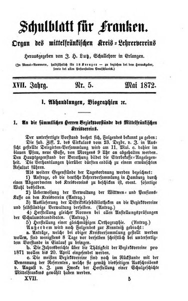 Schulblatt fur Franken Organ des Mittelfrankischen Kreis - Lehrervereins. Hgg. von J. H. Lutz