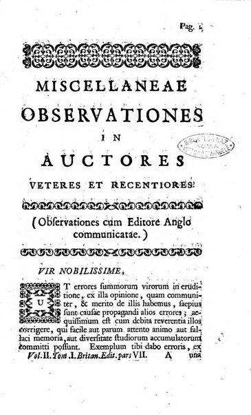 Miscellaneae observationes criticae in auctores veteres et recentiores ab eruditis Britannis..