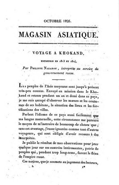 Magasin asiatique, ou Revue géographique et historique de l'Asie centrale et septentrionale