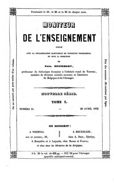 Moniteur de l'enseignement de la littérature et des sciences en Belgique