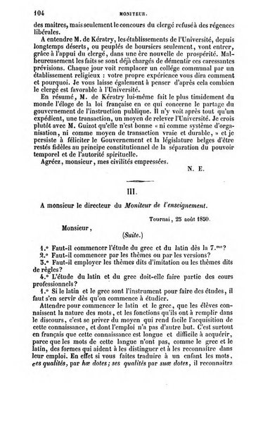 Moniteur de l'enseignement de la littérature et des sciences en Belgique