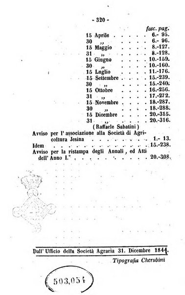 Società di Agricoltura Jesina. Annali ed Atti