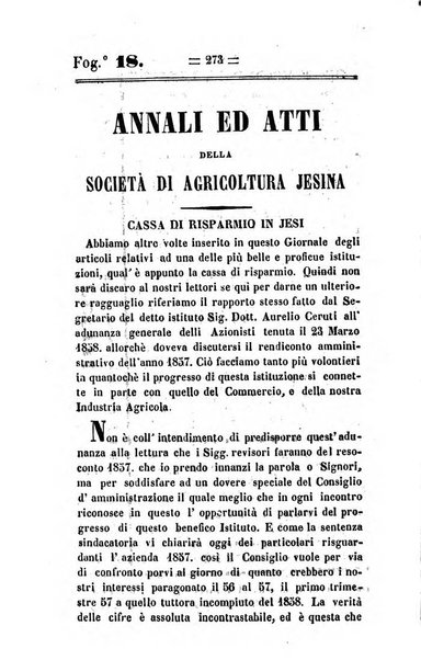 Società di Agricoltura Jesina. Annali ed Atti