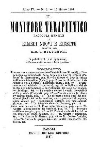 Il Monitore terapeutico raccolta mensile di rimedi nuovi e ricette