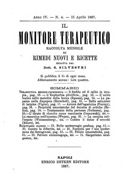 Il Monitore terapeutico raccolta mensile di rimedi nuovi e ricette