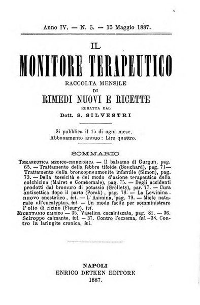 Il Monitore terapeutico raccolta mensile di rimedi nuovi e ricette