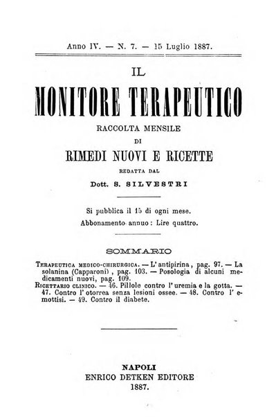 Il Monitore terapeutico raccolta mensile di rimedi nuovi e ricette