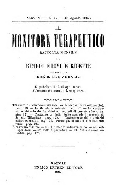 Il Monitore terapeutico raccolta mensile di rimedi nuovi e ricette