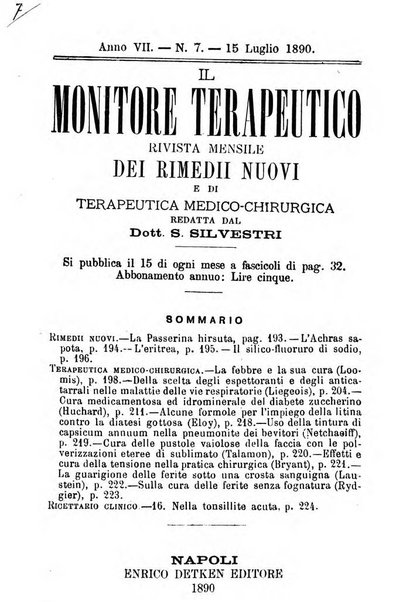 Il Monitore terapeutico raccolta mensile di rimedi nuovi e ricette