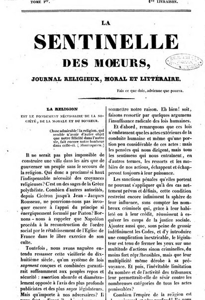 Le Moniteur de la religion sentinelle des moeurs journal hebdomadaire