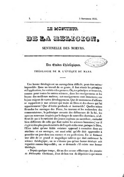 Le Moniteur de la religion sentinelle des moeurs journal hebdomadaire