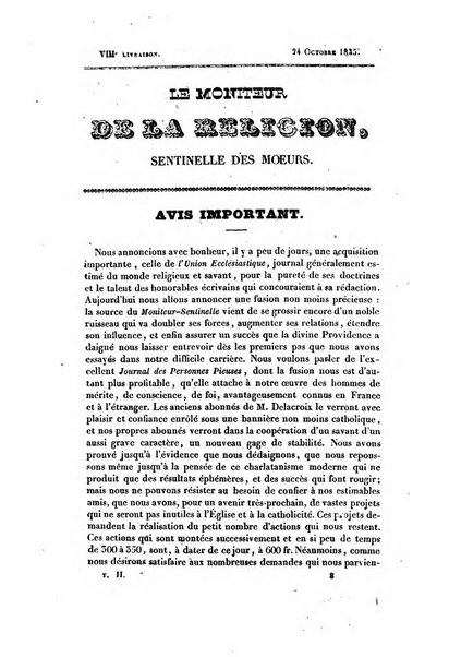 Le Moniteur de la religion sentinelle des moeurs journal hebdomadaire